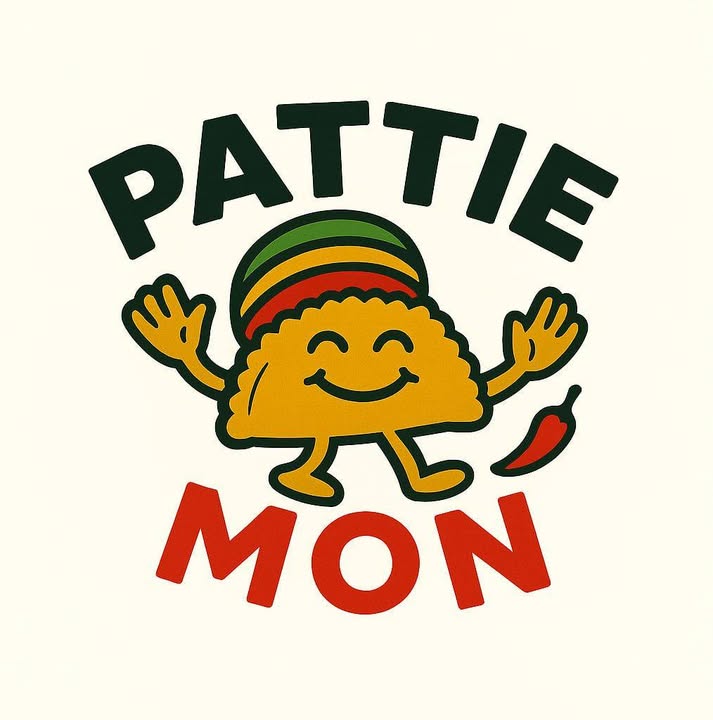 Pattie Mon logo: a smiling golden pattie wearing a rasta tam, arms up, next to a scotch bonnet pepper